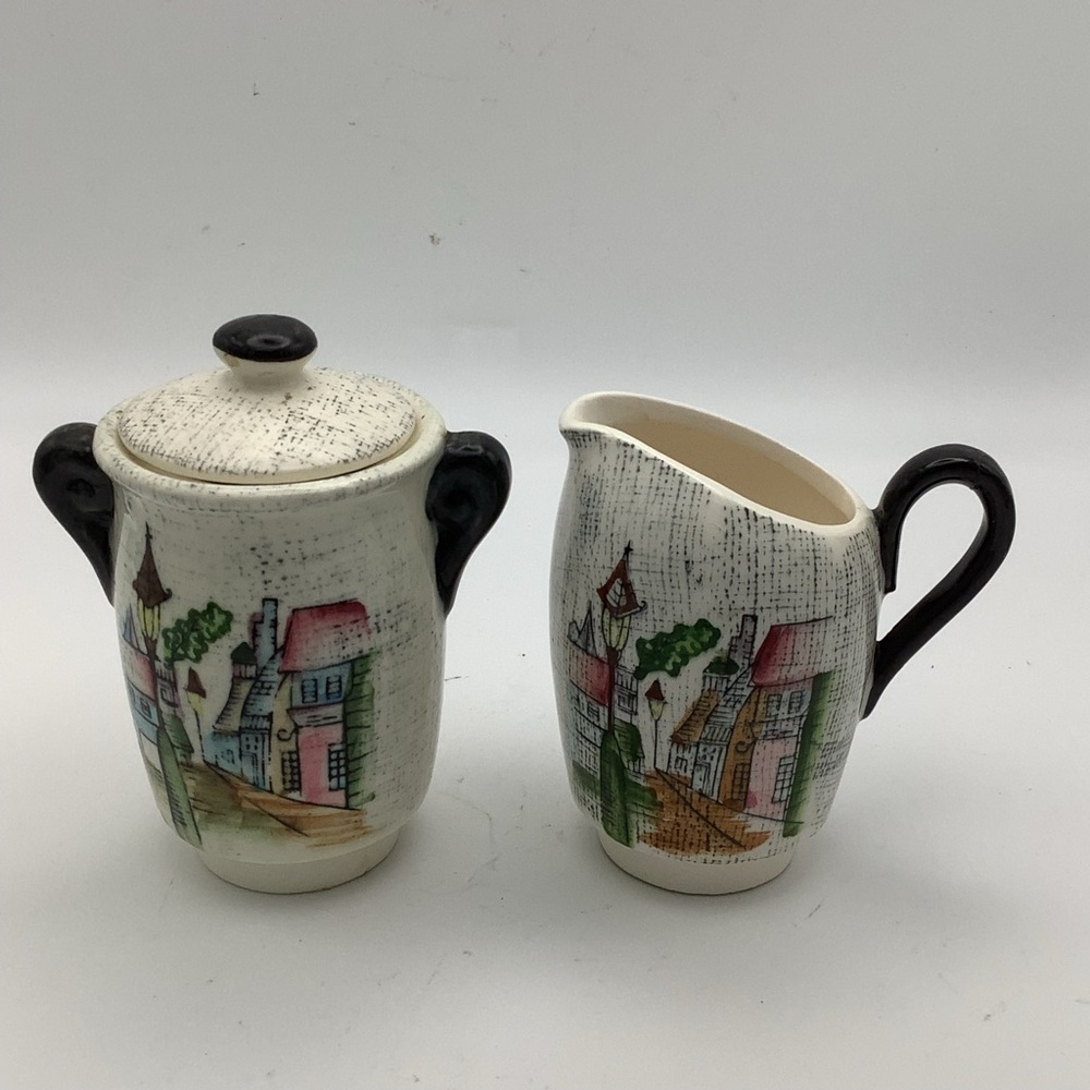 Charming Village Scene Cream and Sugar Set